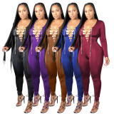 2021 solid color sexy bandage long sleeve Jumpsuit