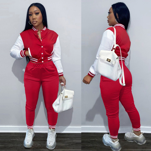 2021 color blocking women's jacket set single breasted splicing long sleeve baseball suit two piece set