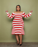 Aw2021 stripe print off shoulder loose large women's dress