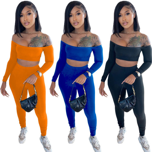 2021 autumn women's solid color one shoulder sleeved Strapless sports two piece set