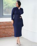 Large size tight-fitting solid color long-sleeved high-waist hollow belt long dress   Eleven colors