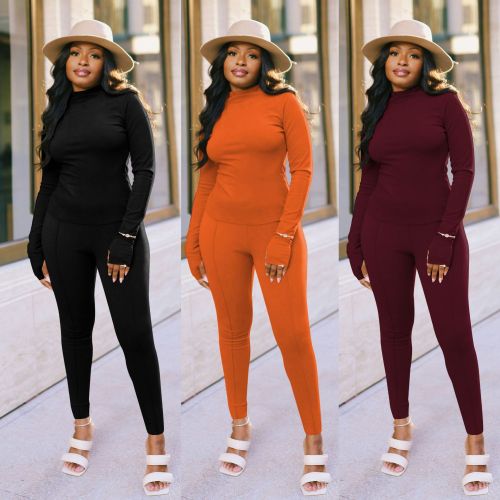 2021 autumn fashion slim fit casual solid long sleeve two piece set