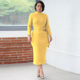 Large size tight-fitting solid color long-sleeved high-waist hollow belt long dress   Eleven colors