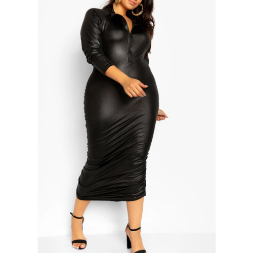 2021 new black medium length dress leather dress