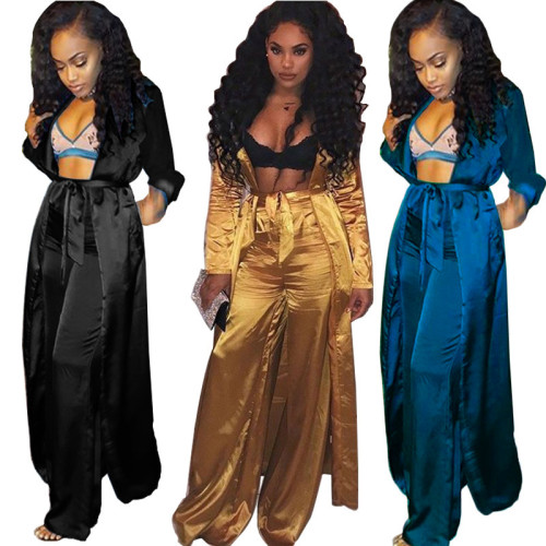 2021 autumn and winter new fashion leisure sports suit simulation silk wide leg pants two-piece set