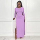 2021 solid color round neck sexy split long skirt dress