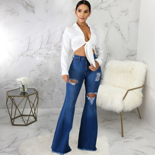 Fashion Trendy Washed Ripped Jeans Stretch Slim Flared Pants