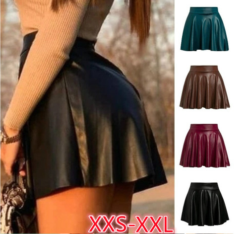 2021 imitation leather PU leather skirt black slim casual skirt sexy pleated skirt hakama