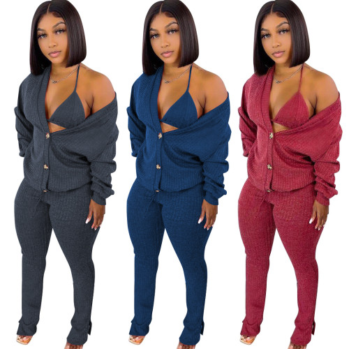 Casual button open chest Long Sleeve Jacket knotted Leggings Three Piece Suit Two Piece