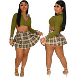 Fashion nightclub street ribbed top plaid skirt sexy casual two-piece suit
