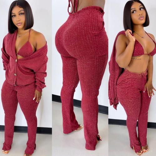 Casual button open chest Long Sleeve Jacket knotted Leggings Three Piece Suit Two Piece