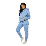 2021 new women's autumn and winter two piece suit leisure solid color hooded suit sweater Plush
