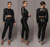 202 autumn winter PU leather zipper drawstring fashion suit women's two-piece set