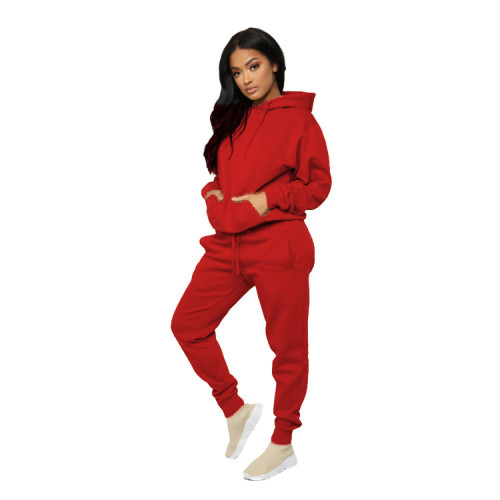 2021 new women's autumn and winter two piece suit leisure solid color hooded suit sweater Plush