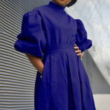 2021 autumn temperament commuter blue mid-length skirt high-waisted puff sleeve dress