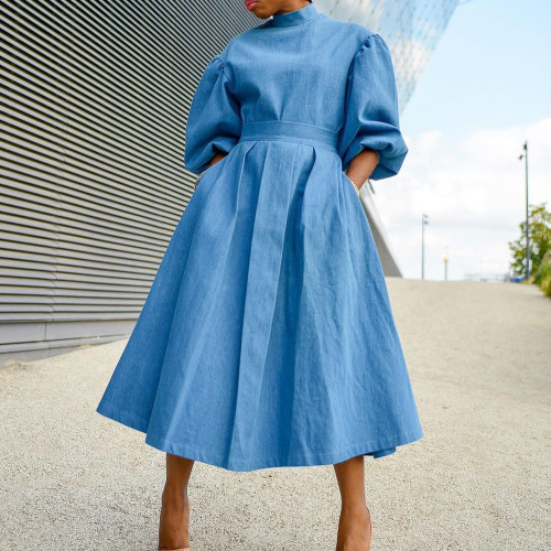 2021 autumn temperament commuter blue mid-length skirt high-waisted puff sleeve dress