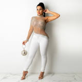 Sexy see-through polyester mesh fashion single-sleeved round neck drill slim stitching jumpsuit