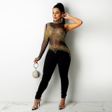 Sexy see-through polyester mesh fashion single-sleeved round neck drill slim stitching jumpsuit