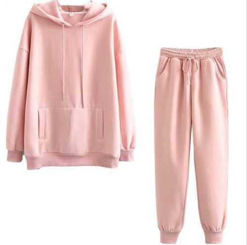 Hooded sweater Plush two-piece set autumn winter 2021 new loose Top Pants Set