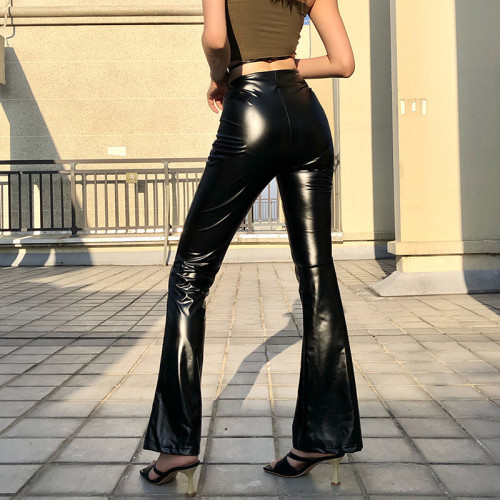 2021 autumn fashion trend women's new high waist straight tube wide leg strap slim PU leather casual pants