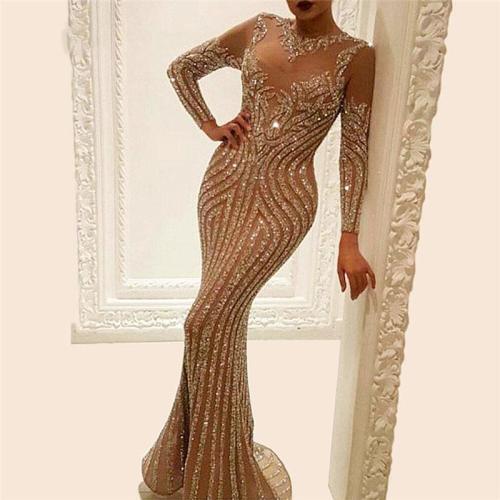 Sexy perspective long-sleeved solid color round neck dress, buttocks, banquet evening dress, fishtail temperament dress