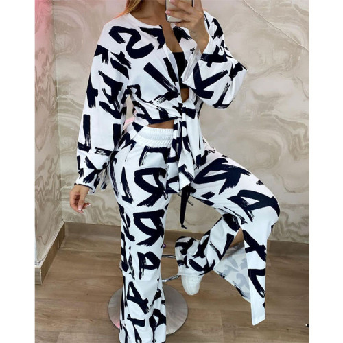 2021 fall new loose large letter printed shirt wide leg pants casual suit