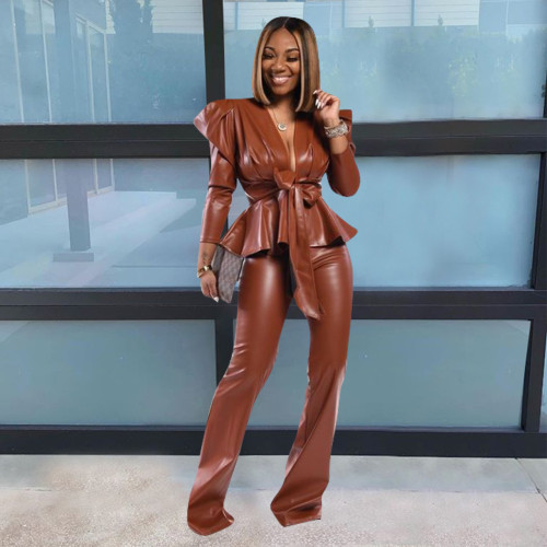 2021 autumn winter new sexy temperament leather clothes solid color two-piece set
