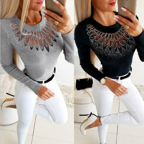 2021 autumn winter new sexy characteristic mesh hollow out hot drill waist closed long sleeve top