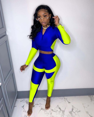 2021 autumn and winter new sexy fashion leisure waist open color blocking sports two-piece set