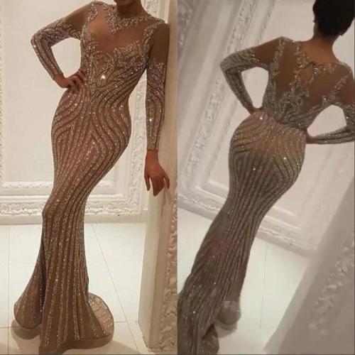 Sexy perspective long-sleeved solid color round neck dress, buttocks, banquet evening dress, fishtail temperament dress