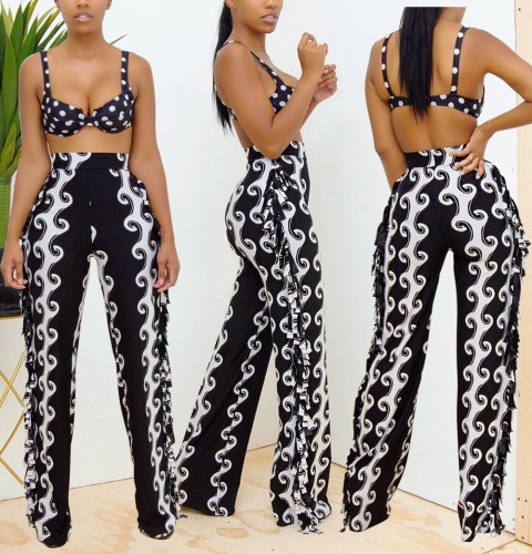 2021 autumn and winter women's sexy slim fit trend tassel printed single pants on both sides