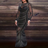 Round neck long-sleeved polyester mesh hot diamond sexy party evening dress with a suspender vest dress