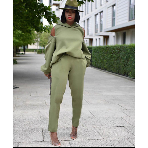 Autumn and winter long-sleeved solid color suit sweater sweater urban casual green backless zipper hoodie two-piece suit