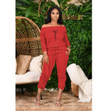 Autumn and winter pit strips high elasticity loose one-word shoulder letters casual two-piece suit