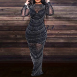 Round neck long-sleeved polyester mesh hot diamond sexy party evening dress with a suspender vest dress