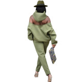 Autumn and winter long-sleeved solid color suit sweater sweater urban casual green backless zipper hoodie two-piece suit