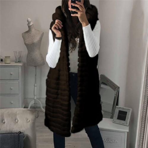 2021 new imitation fur Hooded Vest women's Plush vest warm autumn and winter leisure fashion hooded long vest
