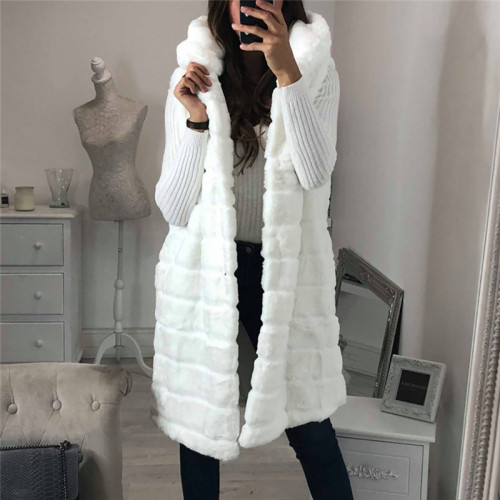 2021 new imitation fur Hooded Vest women's Plush vest warm autumn and winter leisure fashion hooded long vest