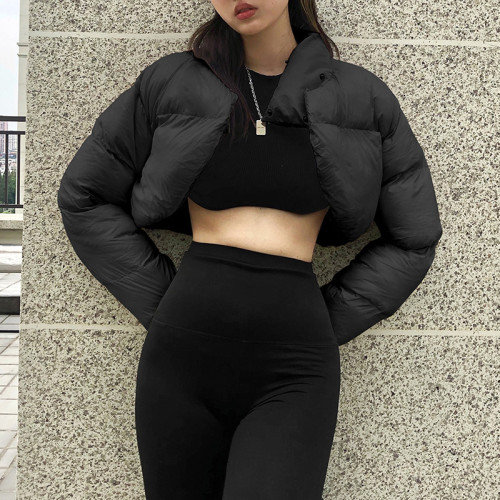 2021 Fall/Winter Fashion Slim Solid Color High Neck Long Sleeve Short Warm Cotton Jacket