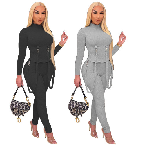 2021 autumn solid long sleeve personalized strap two piece set