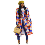 Autumn and winter plus size classic plaid print double-breasted lapel windbreaker long coat