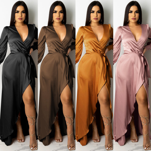 Fashion sexy solid color women's deep V tie long sleeve slit long skirt dress