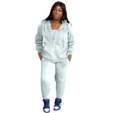Plus size women's fashion slim solid color casual hooded sweater two-piece suit