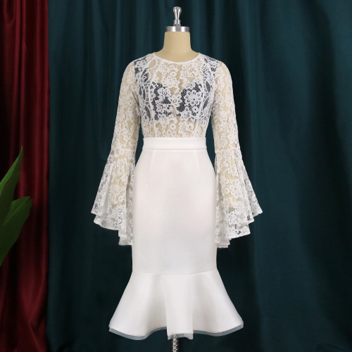 2021 autumn sexy perspective lace top high waist Ruffle Skirt women's two-piece set