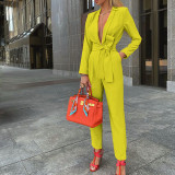 Sexy fashion solid color tie deep V casual jumpsuit