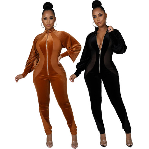 2021 autumn and winter women's fashion casual sexy solid color mesh Lantern Sleeve tight one-piece pants