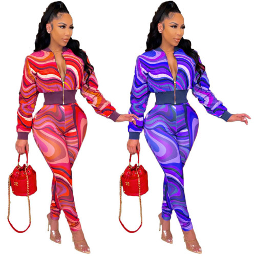 Autumn / winter 2021 new fashion printed long sleeve waist suit two piece set