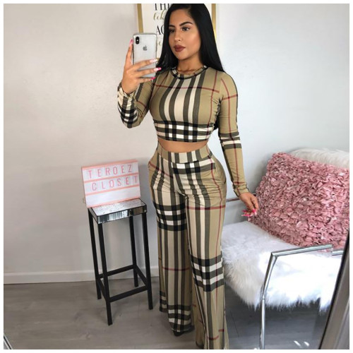 2021 autumn winter personalized Plaid print casual two piece set