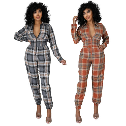 2021 autumn and winter hot selling women's clothing pleated waist fashion Plaid printing casual stand collar Jumpsuit