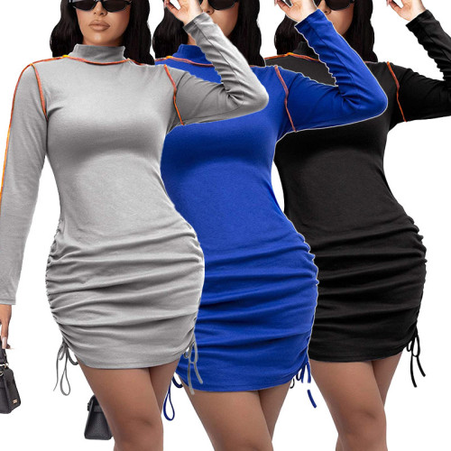 2021 solid color dress fashion Hip Wrap Skirt autumn winter long sleeve women's wear